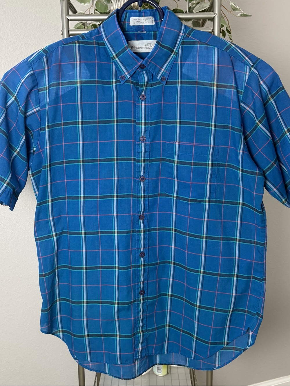 Vintage 80s Short Sleeve Button Up Shirt Men’s Large Plaid Retro Thin Fabric USA